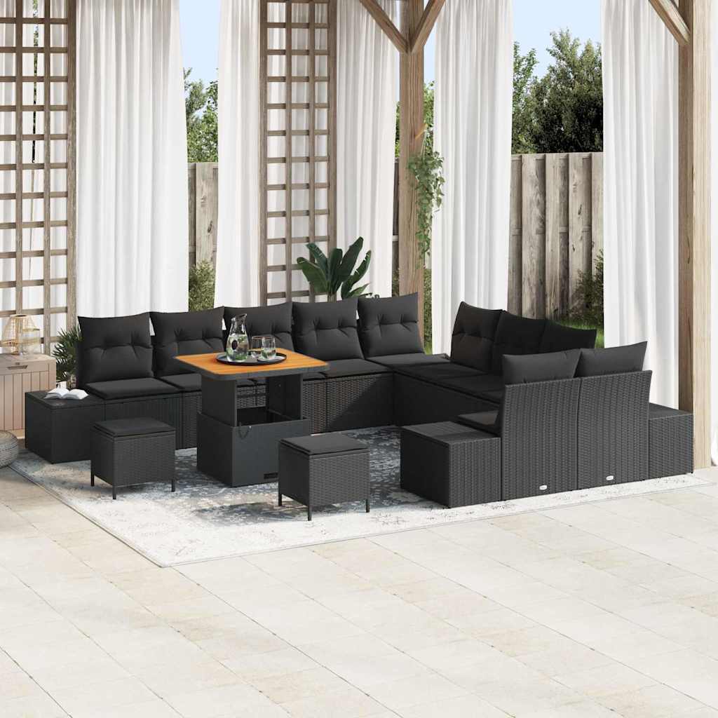 Gartensofa-set mit Kissen 13 pcs Schwarz Poly Rattan