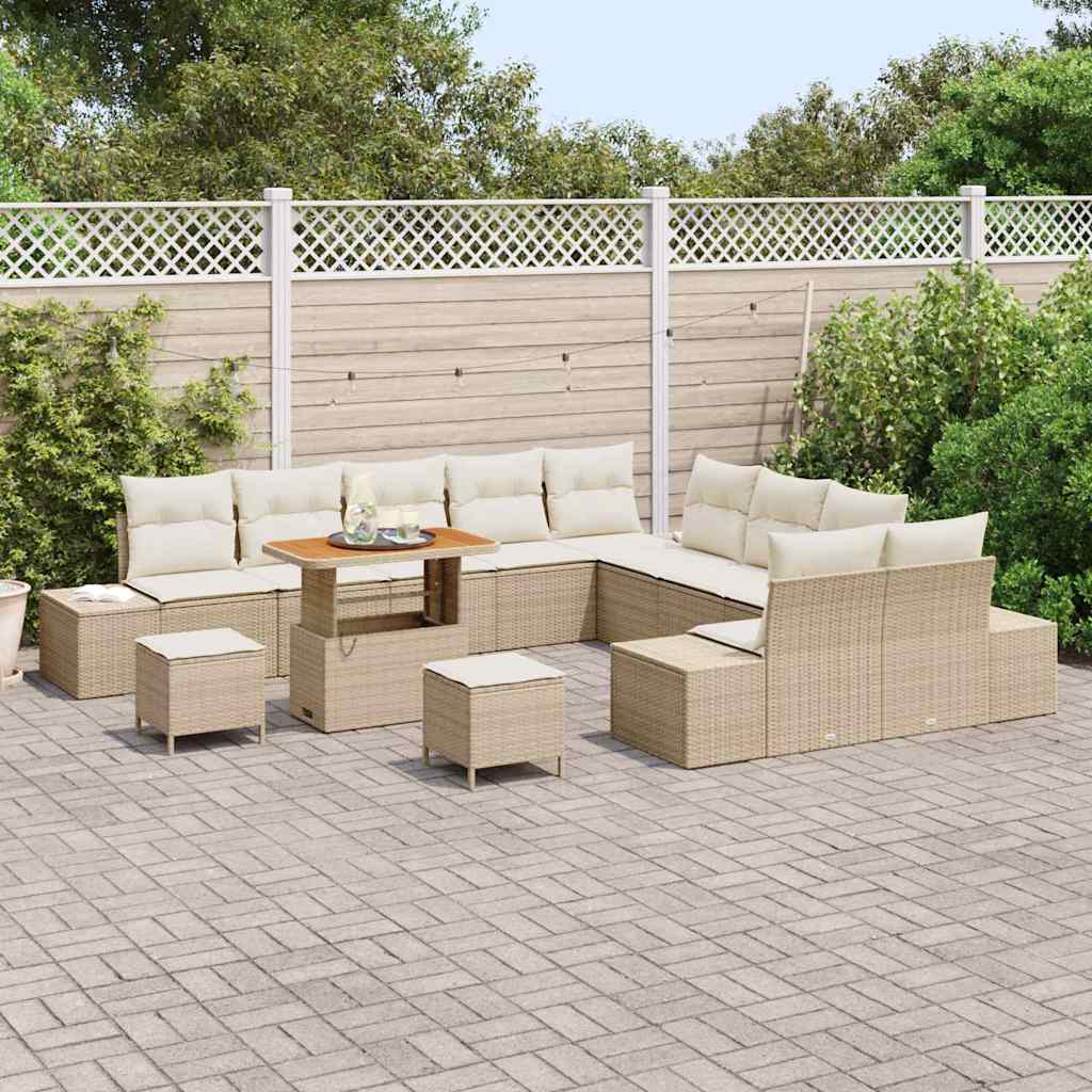 Gartensofa-set mit Kissen mit Speicher 13 pcs Beige Poly Rattan