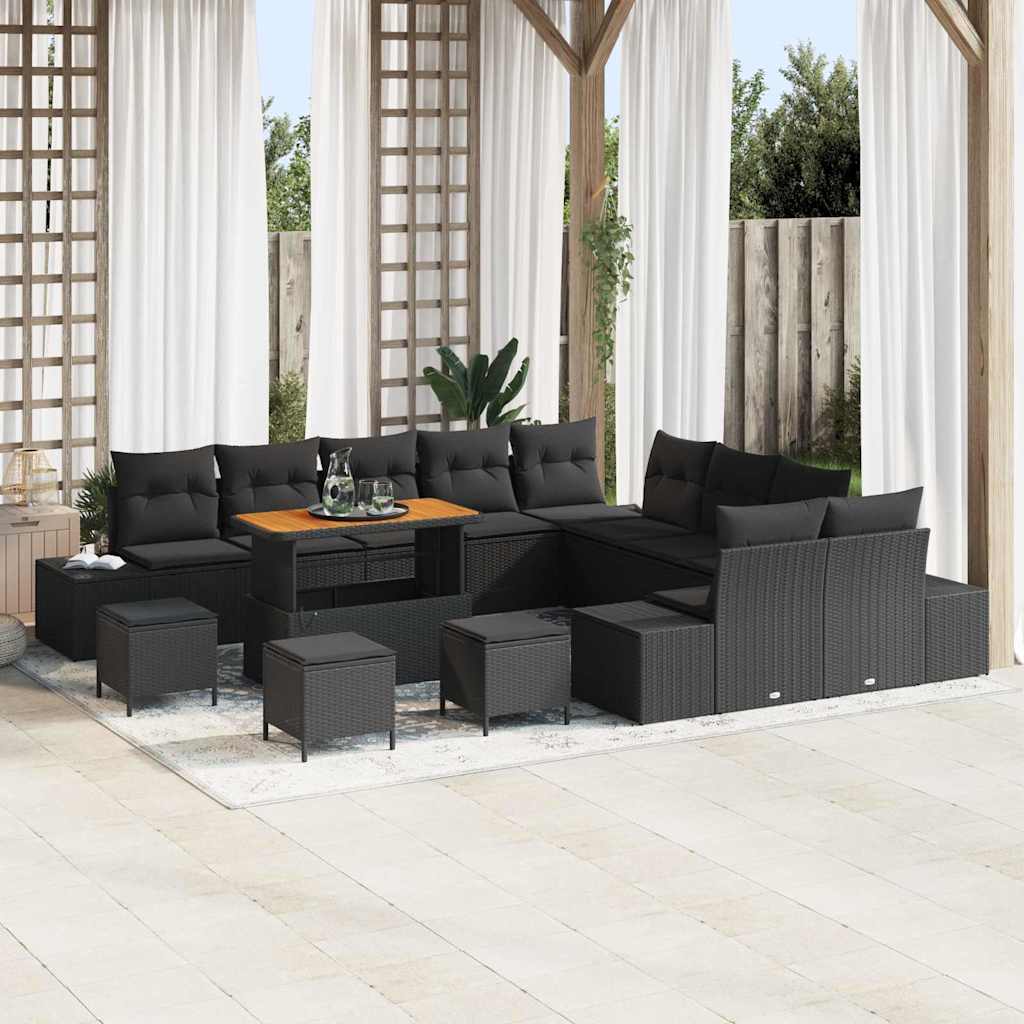 Gartensofa-set mit Kissen 14 pcs Schwarz Poly Rattan