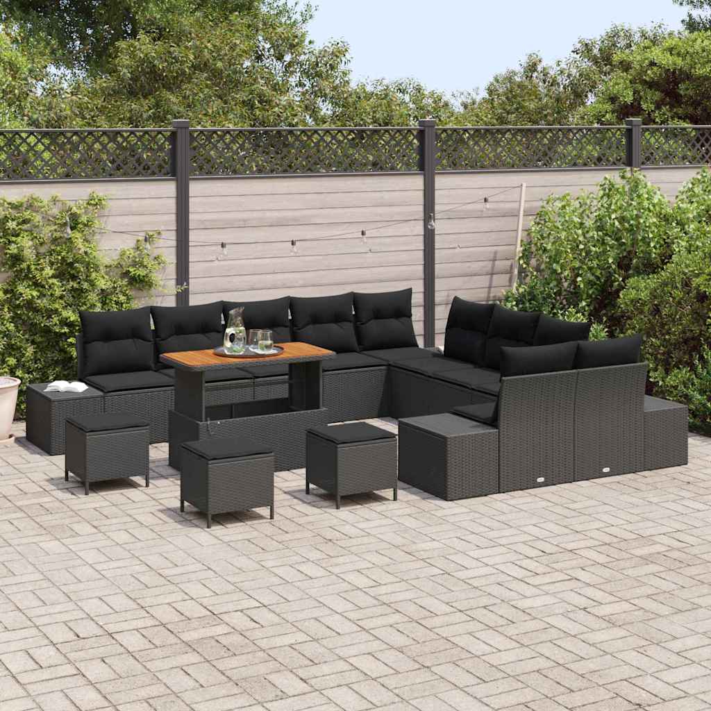 Gartensofa-set mit Kissen 14 pcs Schwarz Poly Rattan