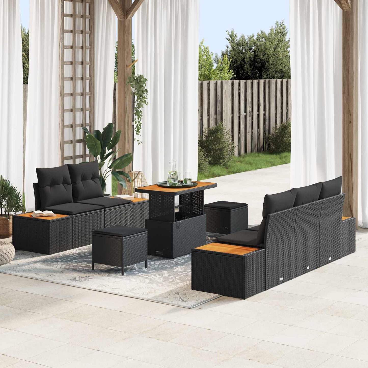 Garten-Sofa-Set mit Kissen mit Speicher 8 pcs Schwarz