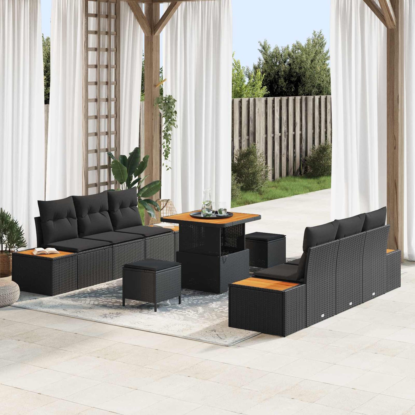 Gartensofa-set mit Kissen 9 pcs Schwarz Poly Rattan
