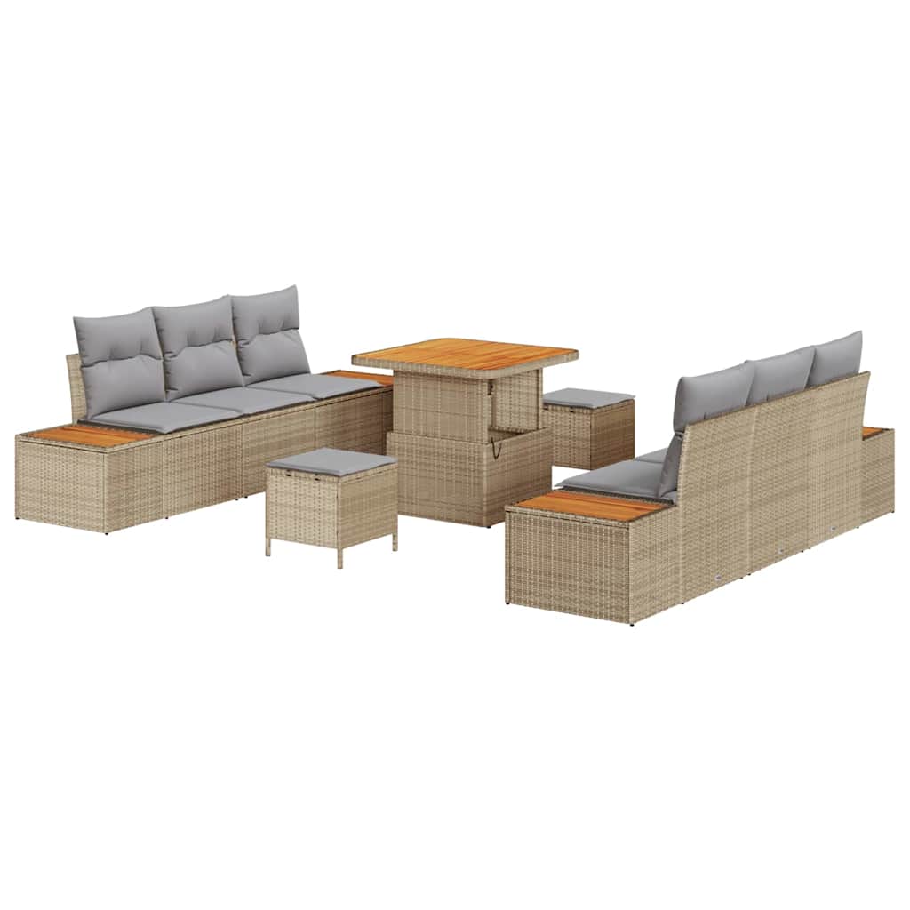 Gartensofa-set mit Kissen mit Speicher 9 pcs Beige Poly Rattan