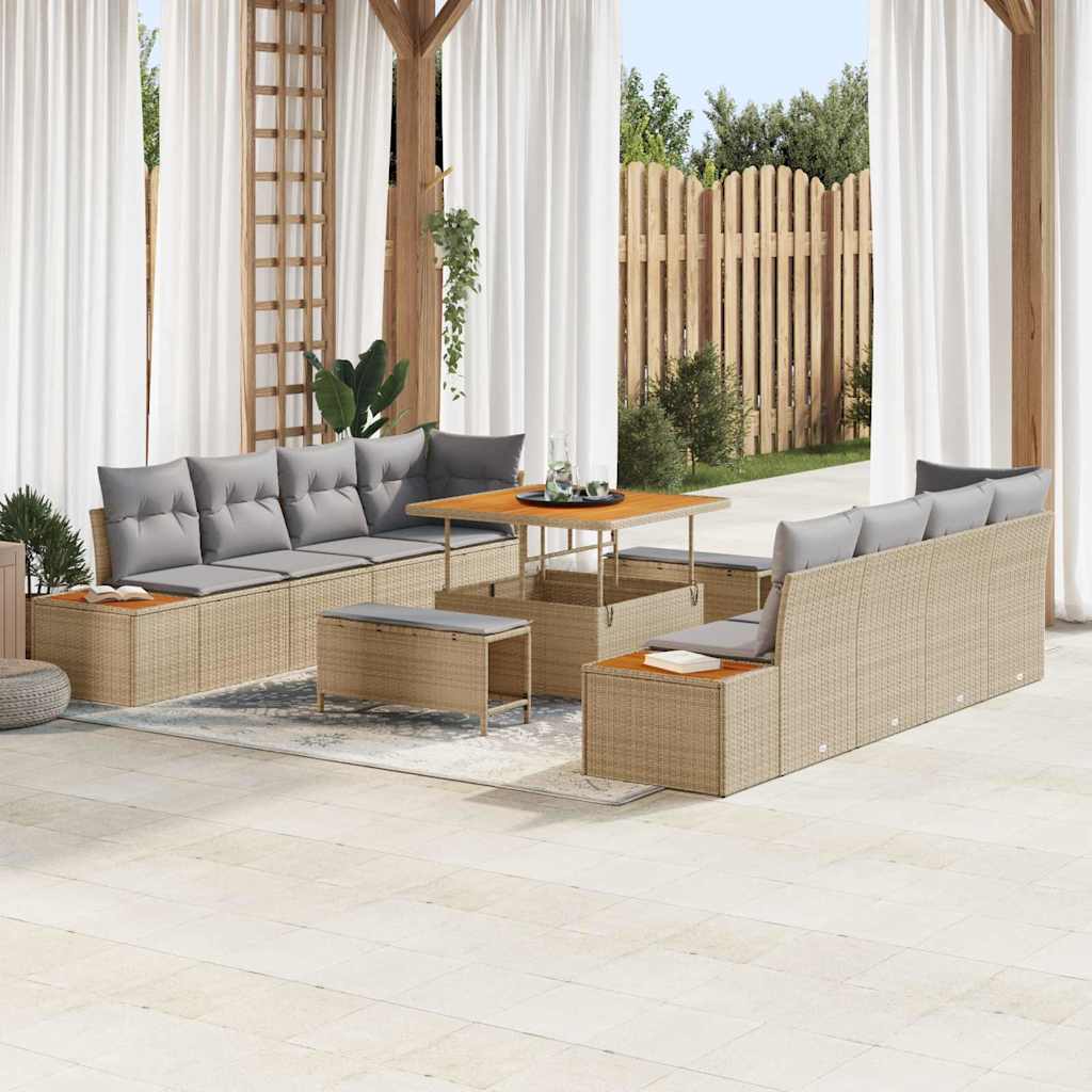 Gartensofa-set mit Kissen mit Speicher 11 pcs Beige Poly Rattan