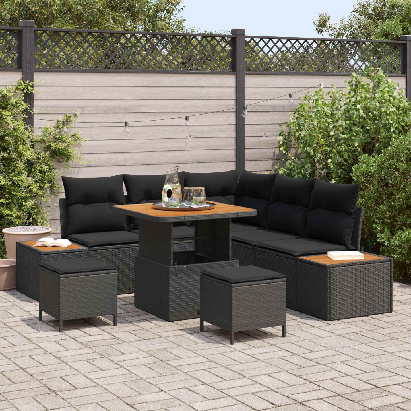 Gartensofa-set mit Kissen 8 pcs Schwarz Poly Rattan