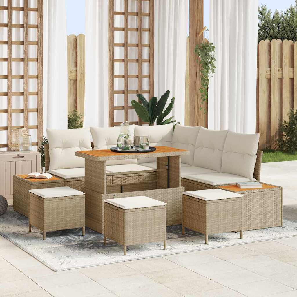 Gartensofa-set mit Kissen mit Speicher 9 pcs Beige Poly Rattan