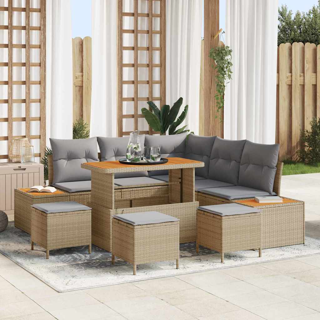 Gartensofa-set mit Kissen mit Speicher 9 pcs Beige Poly Rattan