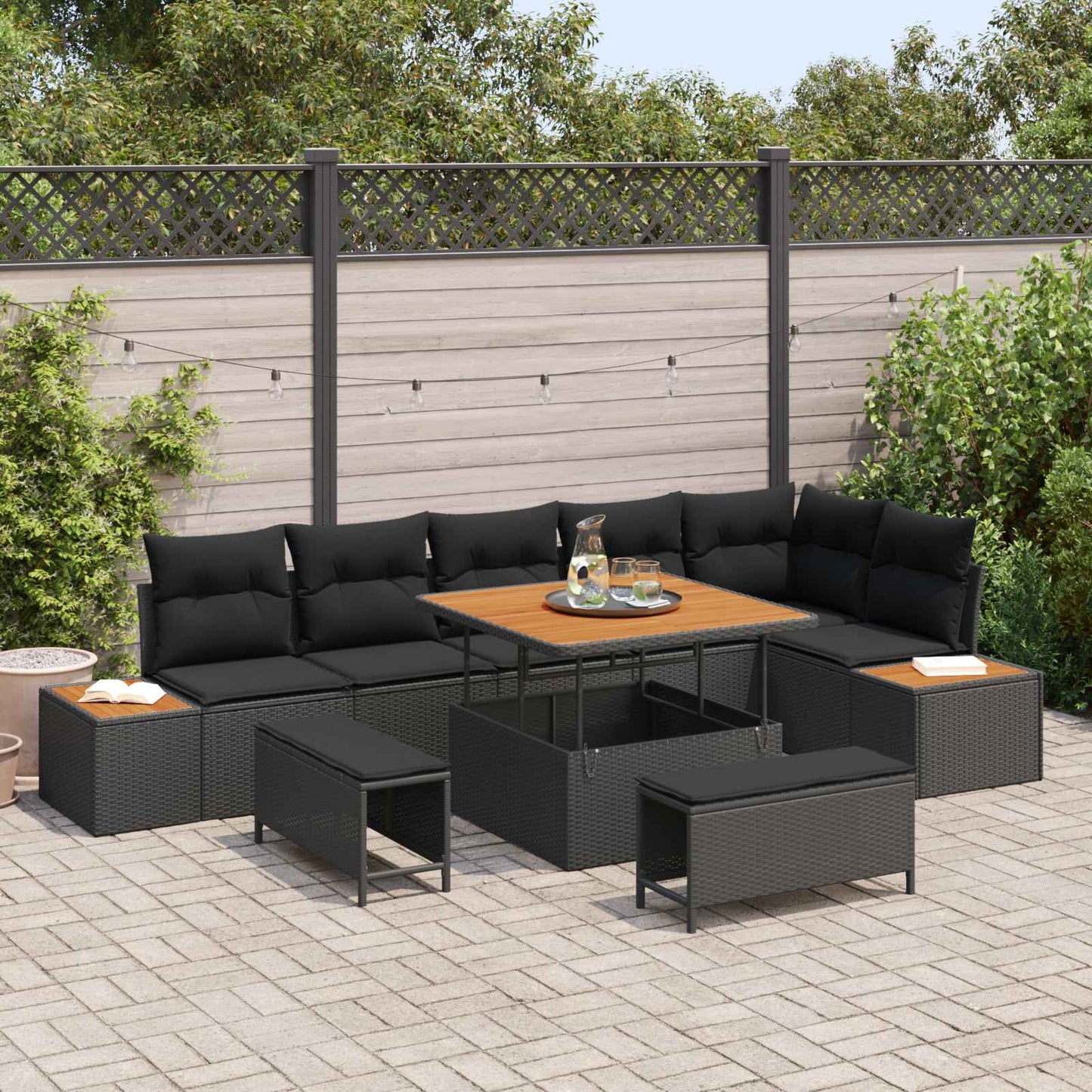 Gartensofa-set mit Kissen 9 pcs Schwarz Poly Rattan