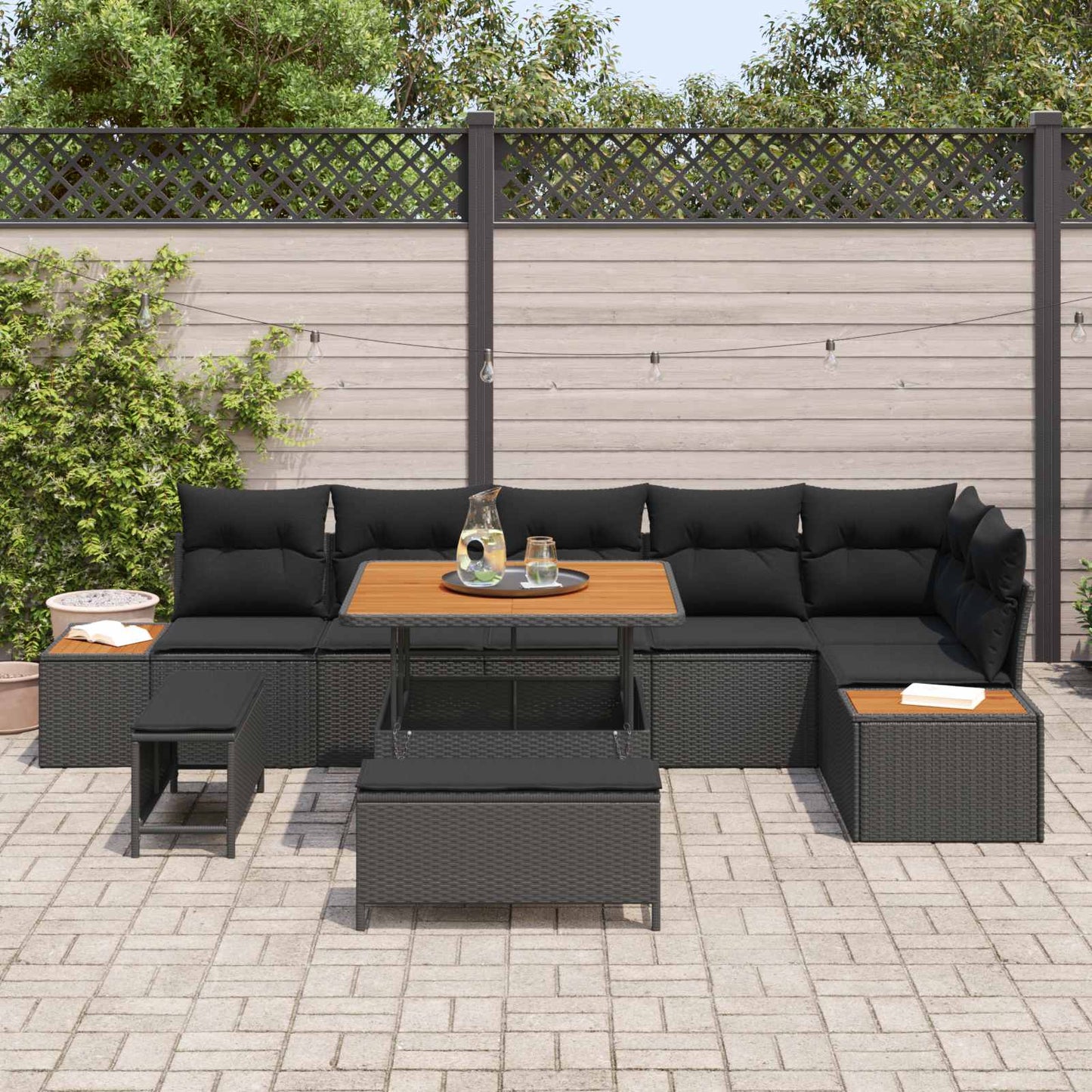 Gartensofa-set mit Kissen 9 pcs Schwarz Poly Rattan