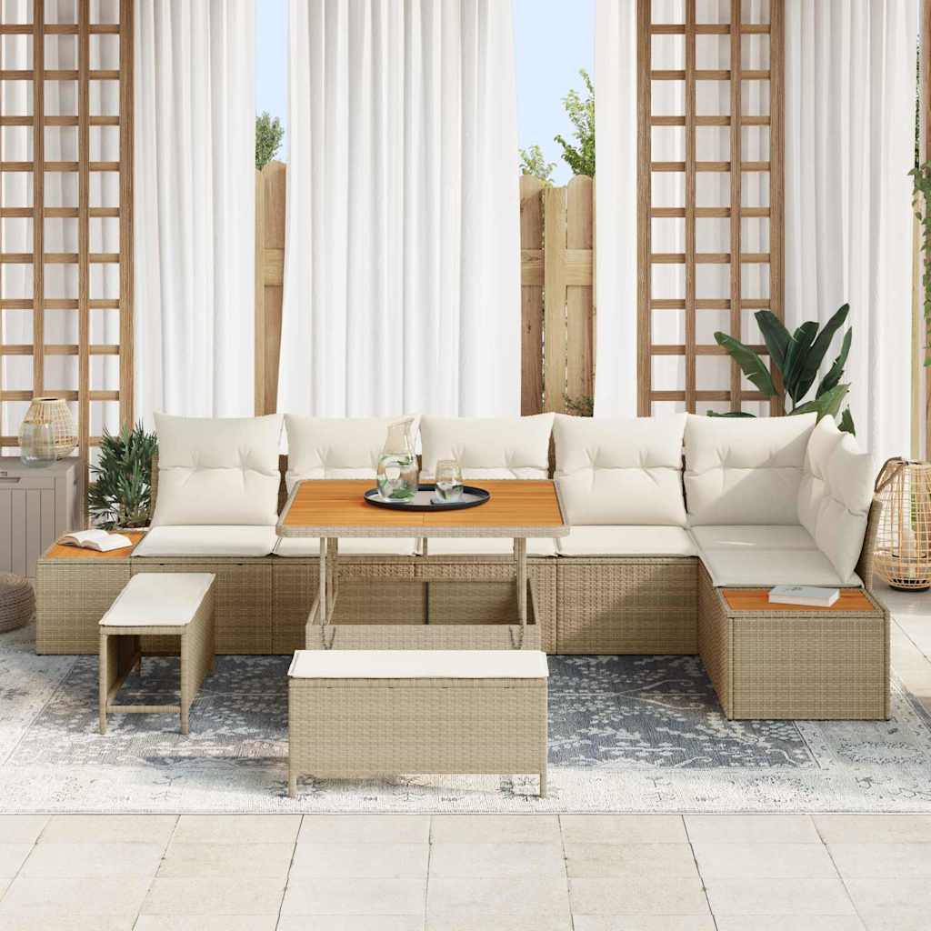 vidaXL Gartensofa-set mit Kissen mit Speicher 9 pcs Beige Poly Rattan