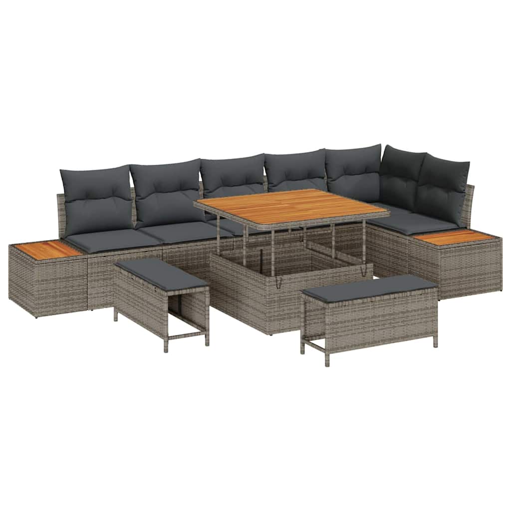 Gartensofa-set mit Kissen mit Speicher 9 pcs Grau Poly Rattan