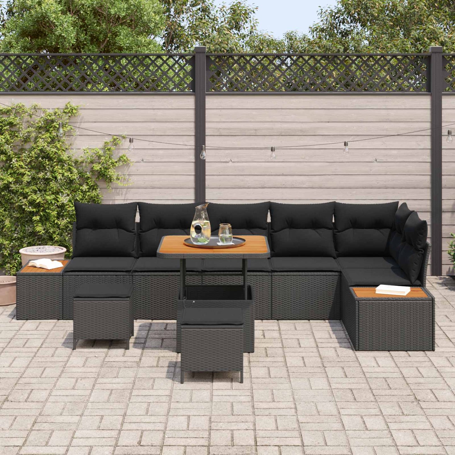 Gartensofa-set mit Kissen 9 pcs Schwarz Poly Rattan