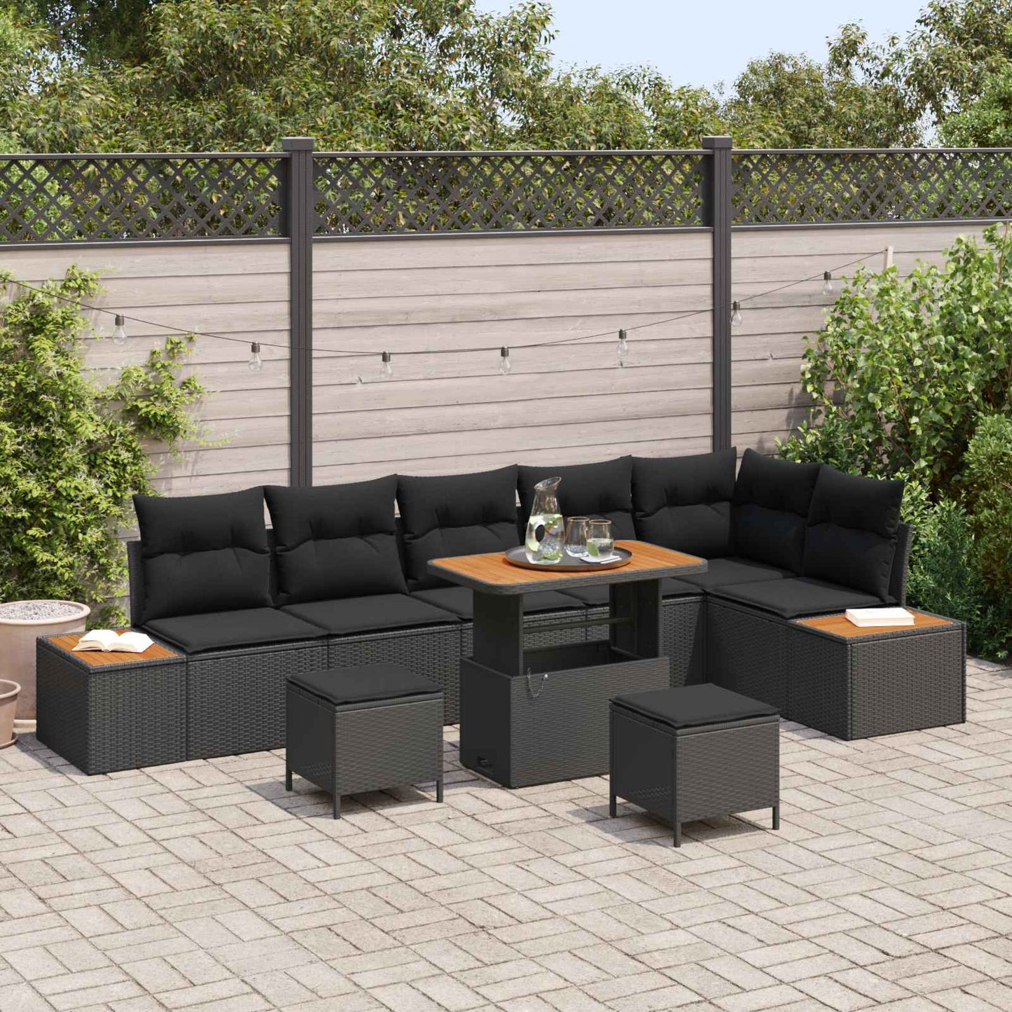 Gartensofa-set mit Kissen 9 pcs Schwarz Poly Rattan