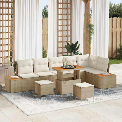Gartensofa-set mit Kissen mit Speicher 9 pcs Beige Poly Rattan
