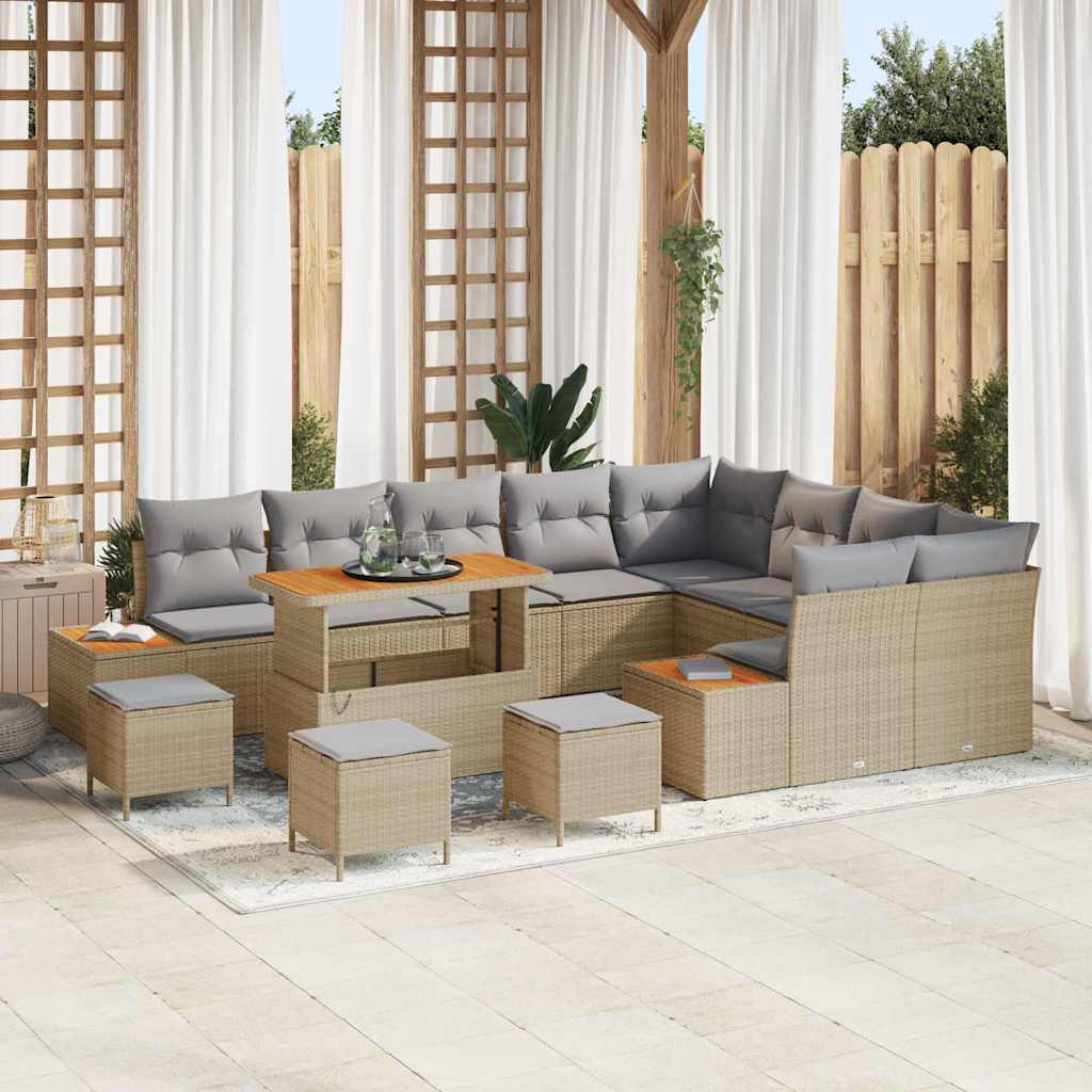 Gartensofa-set mit Kissen mit Speicher 13 pcs Beige Poly Rattan