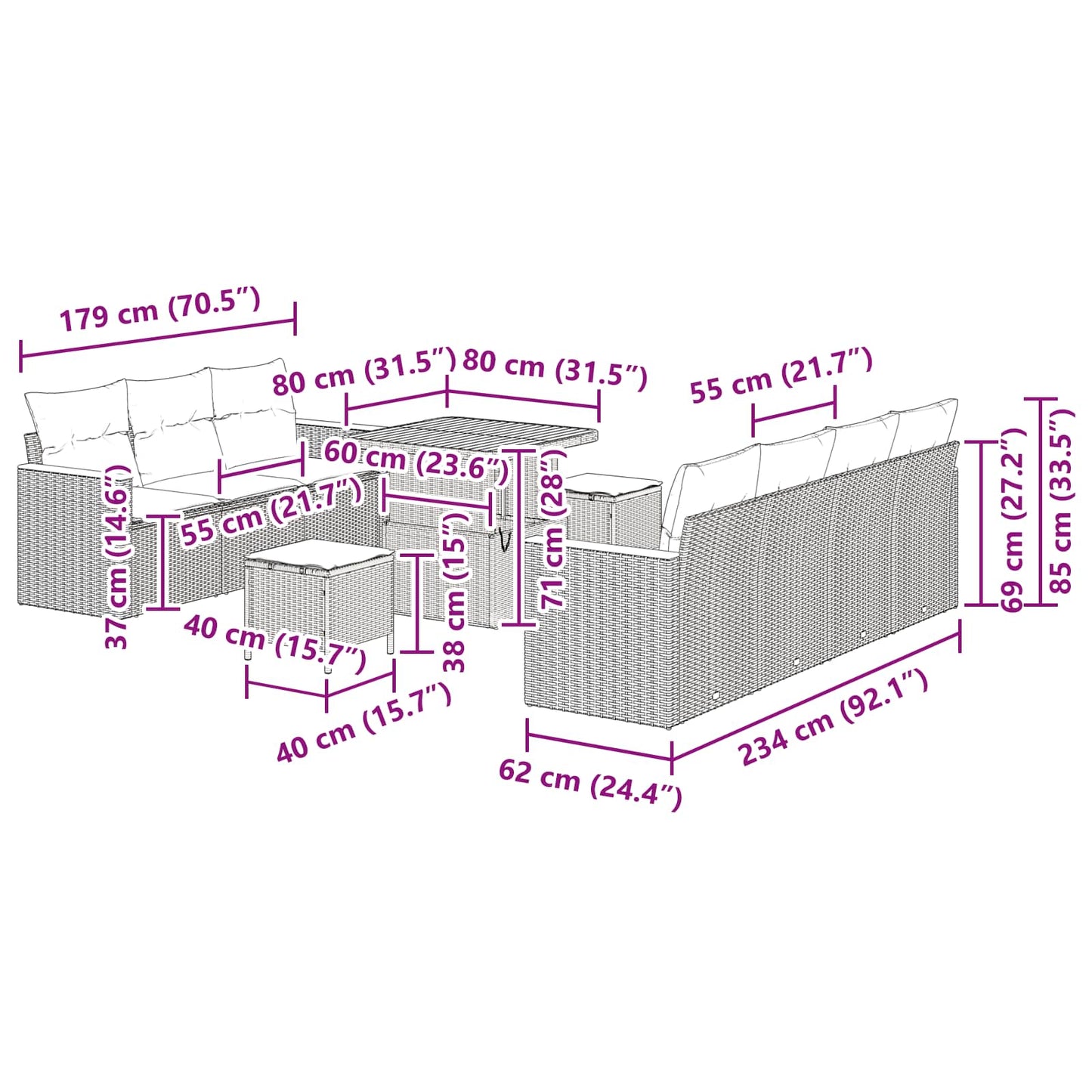 Gartensofa-set mit Kissen 14 pcs Schwarz Poly-Rattan