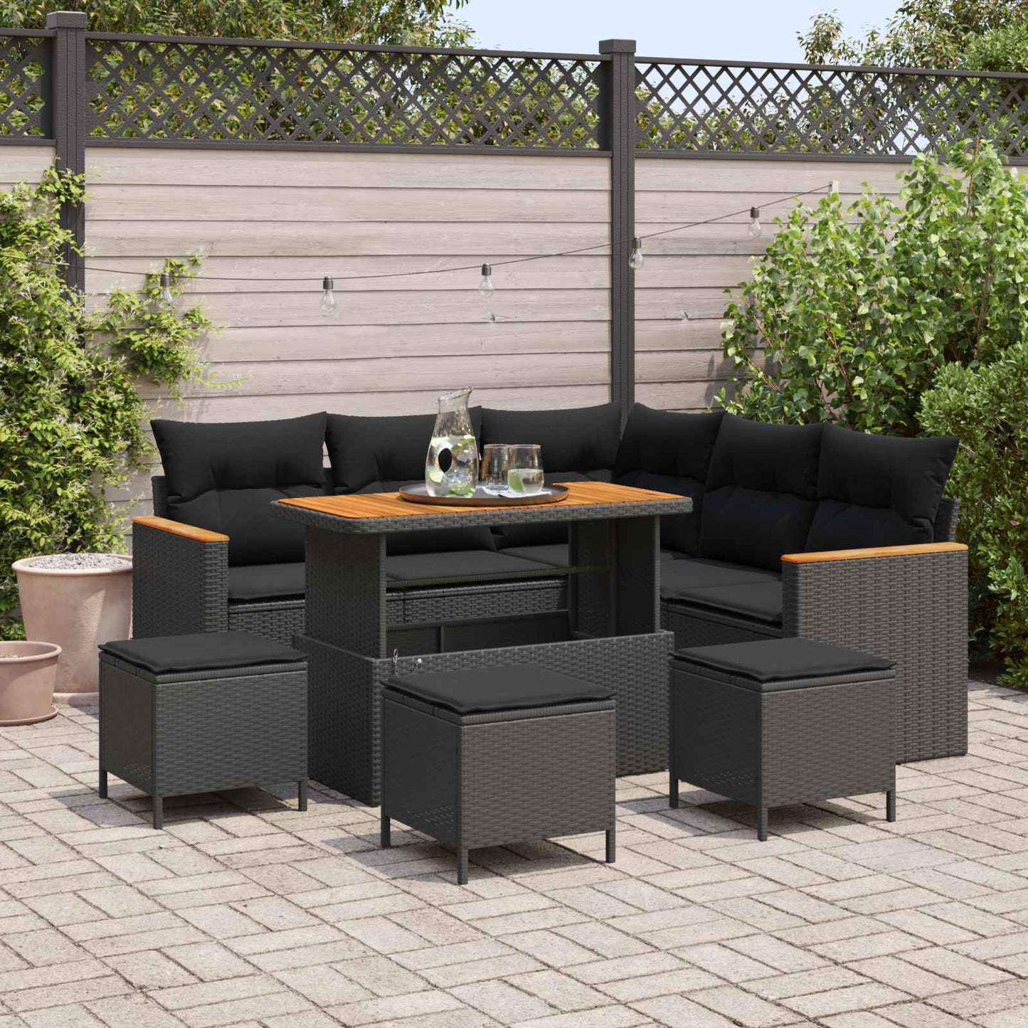 vidaXL Garten-Sofa-Set mit Kissen mit Speicher Schwarz Poly Rattan