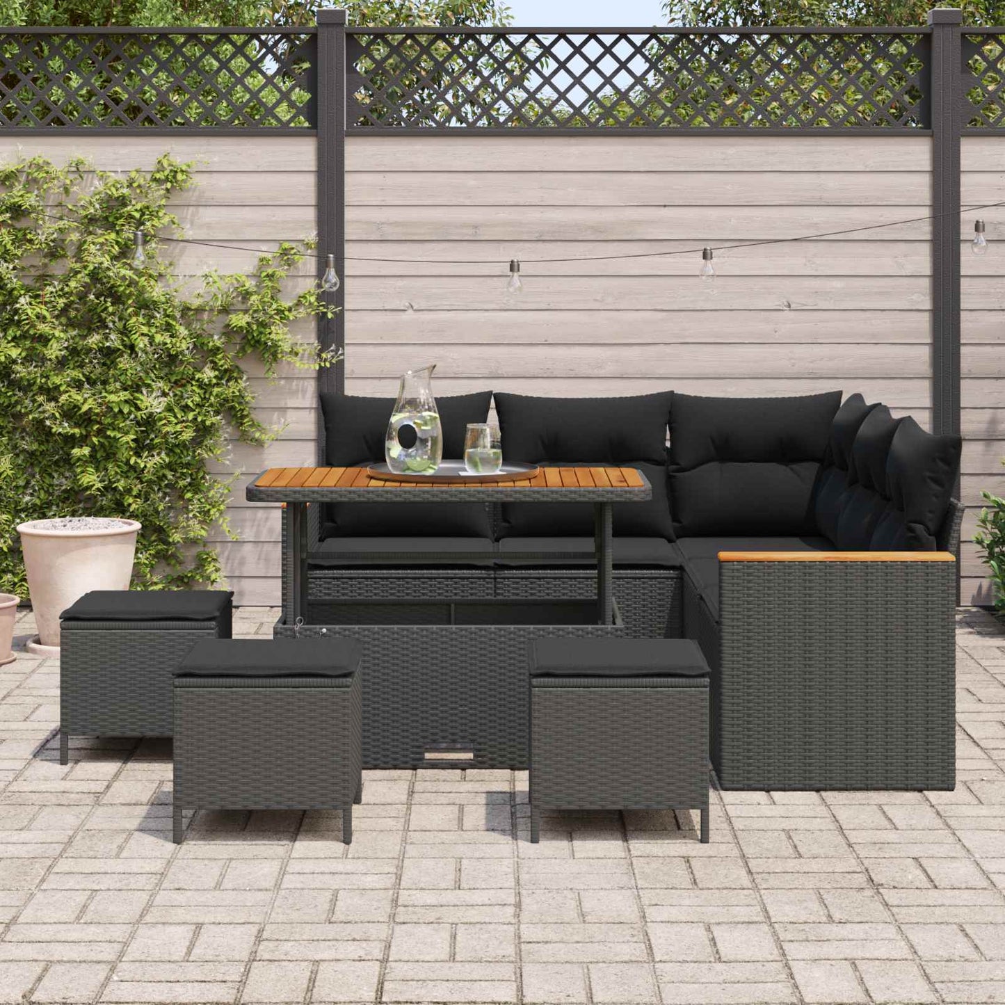 vidaXL Garten-Sofa-Set mit Kissen mit Speicher Schwarz Poly Rattan