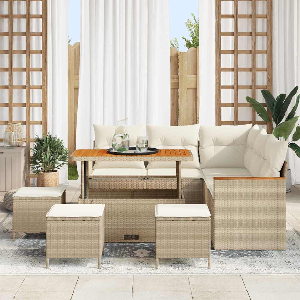 Garten-Sofa-Set mit Kissen mit Speicher Beige Poly Rattan