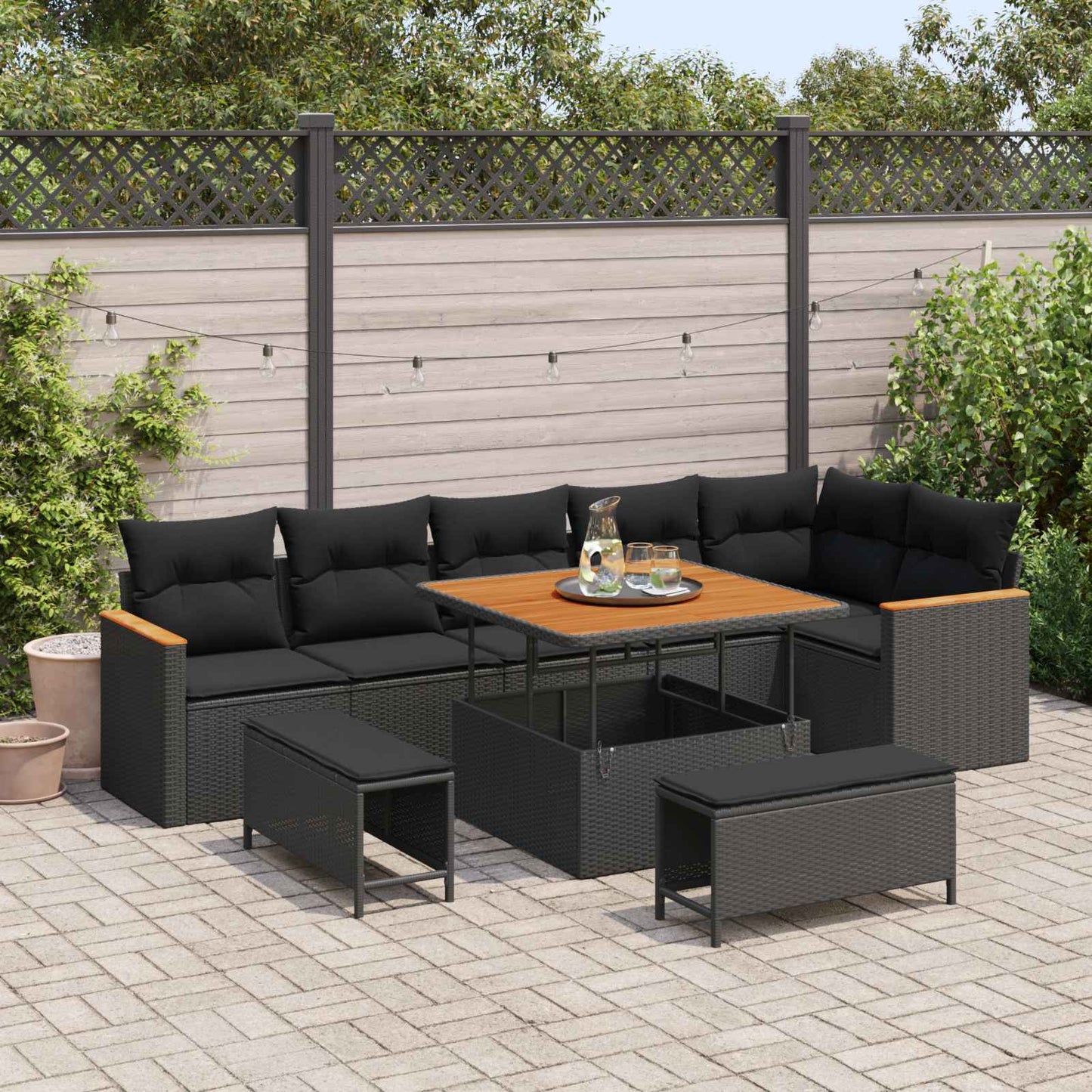 Gartensofa-set mit Kissen 9 pcs Schwarz Poly Rattan