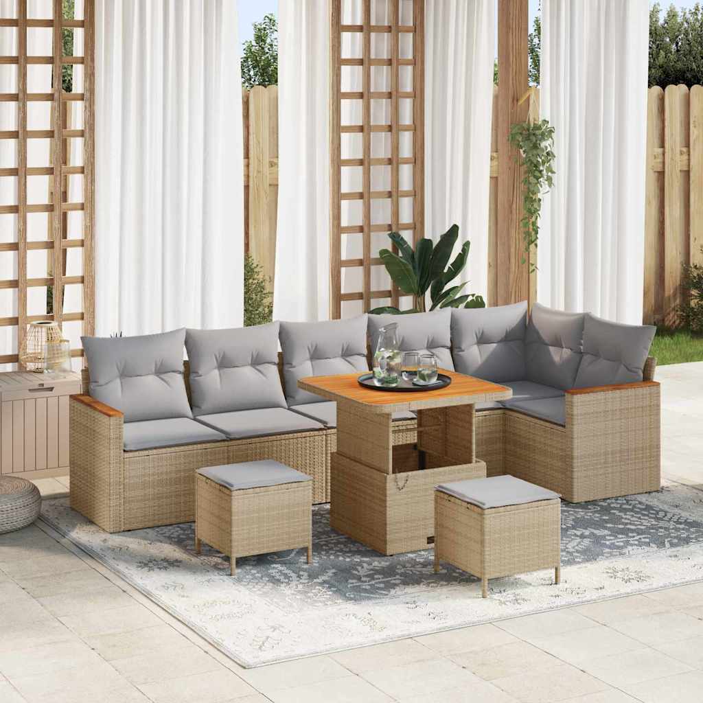 Gartensofa-set mit Kissen 9 pcs Beige Poly Rattan