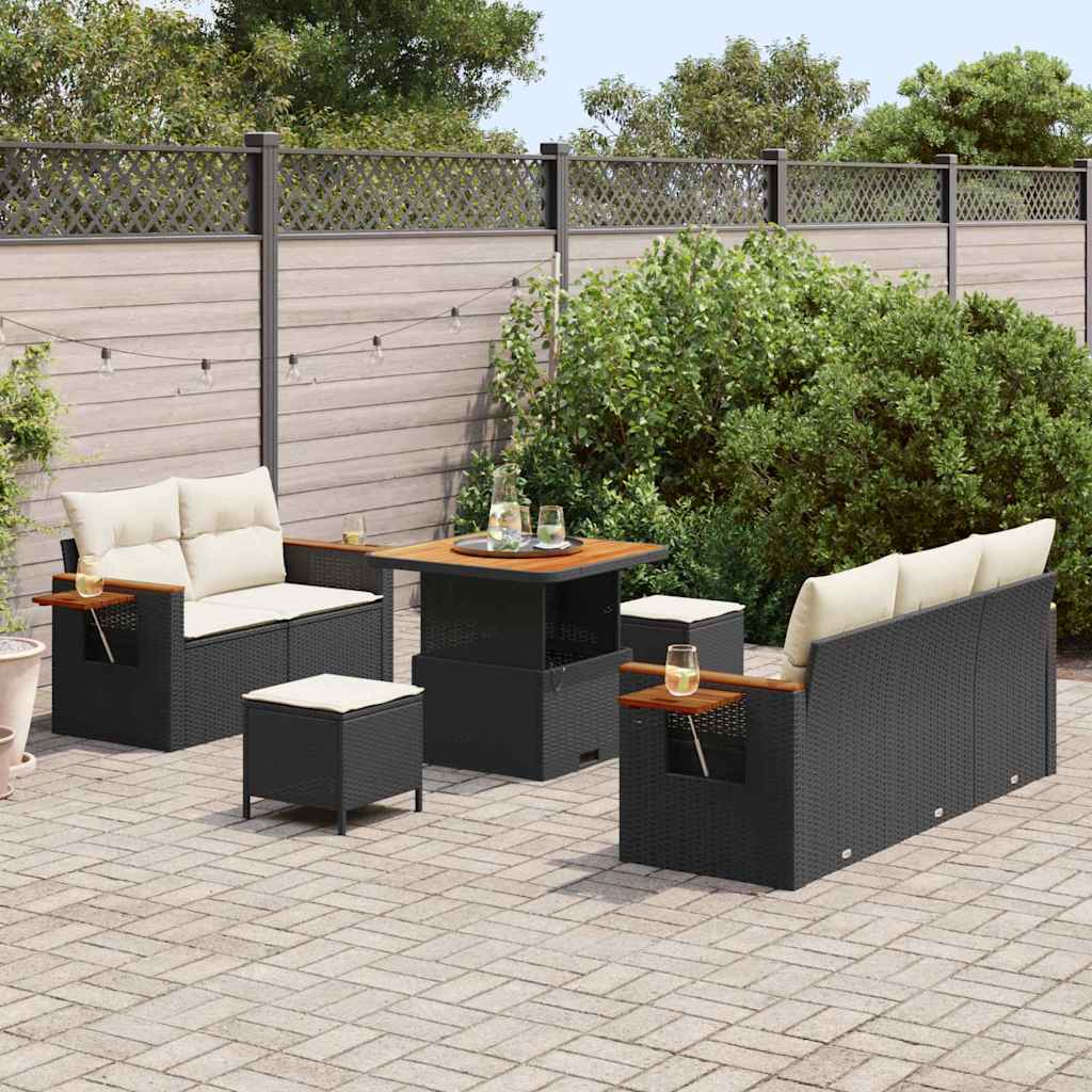 Gartensofa-set mit Kissen 10 pcs Schwarz und Creme Poly-Rattan