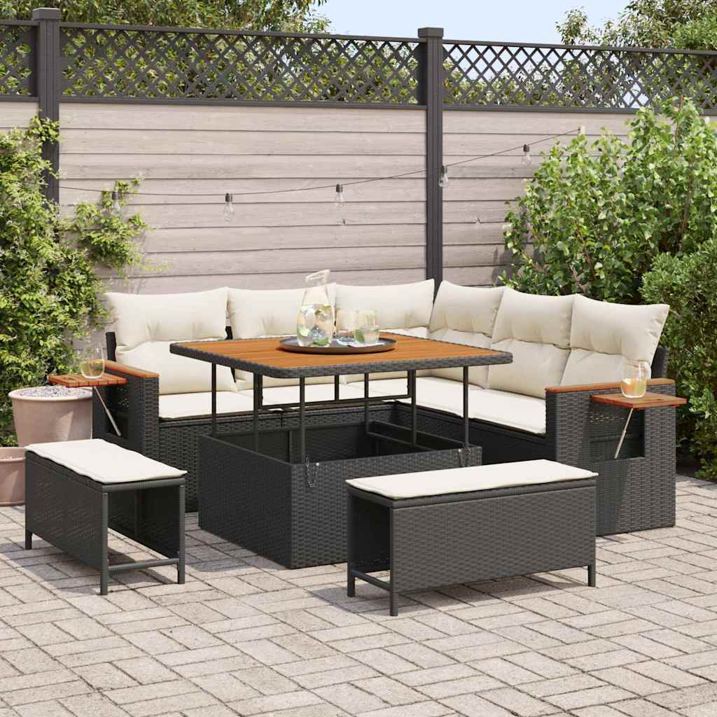 Gartensofa-set mit Kissen 9 pcs Schwarz und Creme Poly-Rattan