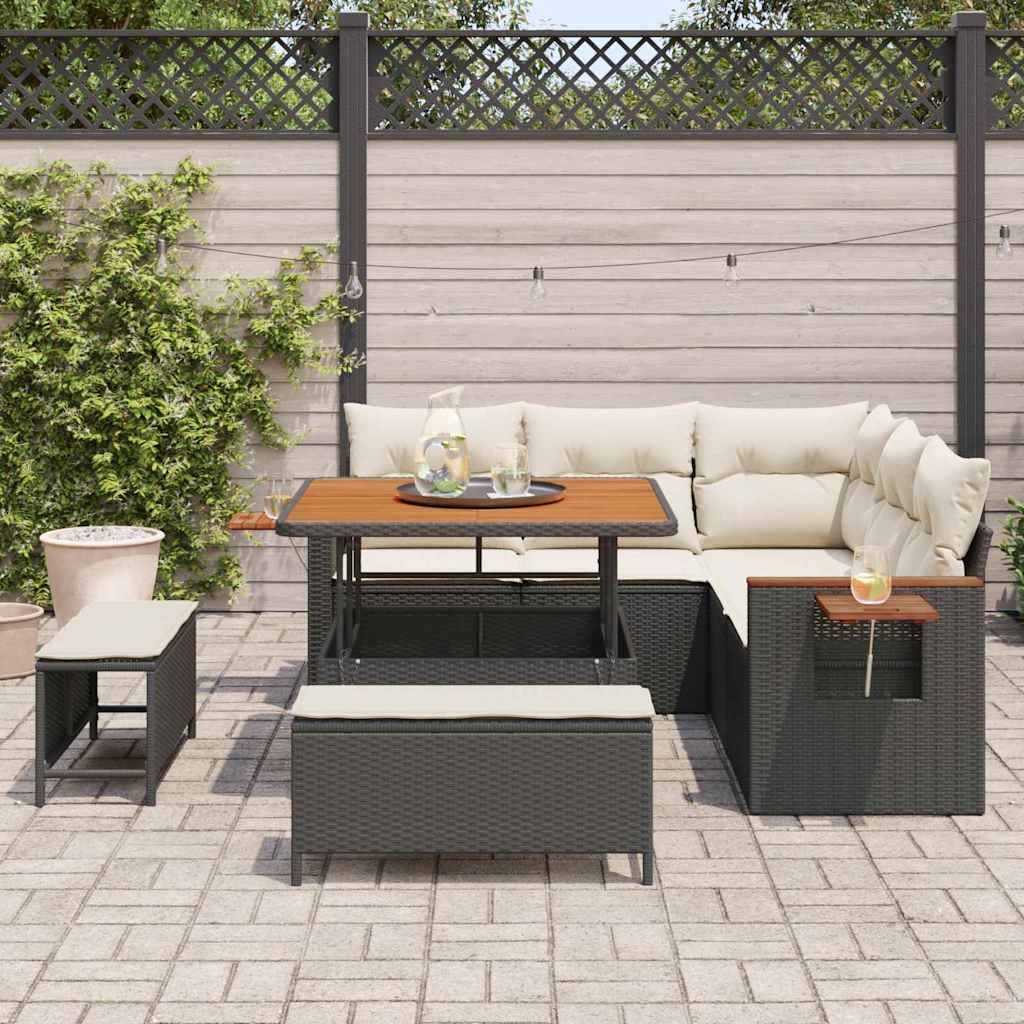 Gartensofa-set mit Kissen 9 pcs Schwarz und Creme Poly-Rattan