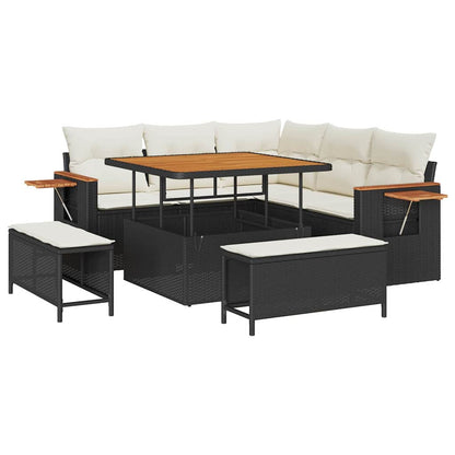 Gartensofa-set mit Kissen 9 pcs Schwarz und Creme Poly-Rattan