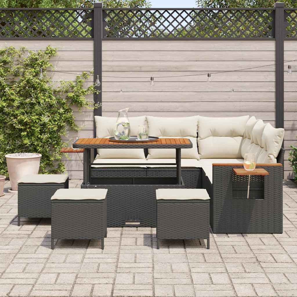 Gartensofa-set mit Kissen 10 pcs Schwarz und Creme Poly-Rattan