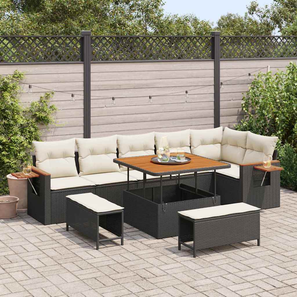 Gartensofa-set mit Kissen 11 pcs Schwarz und Creme Poly-Rattan