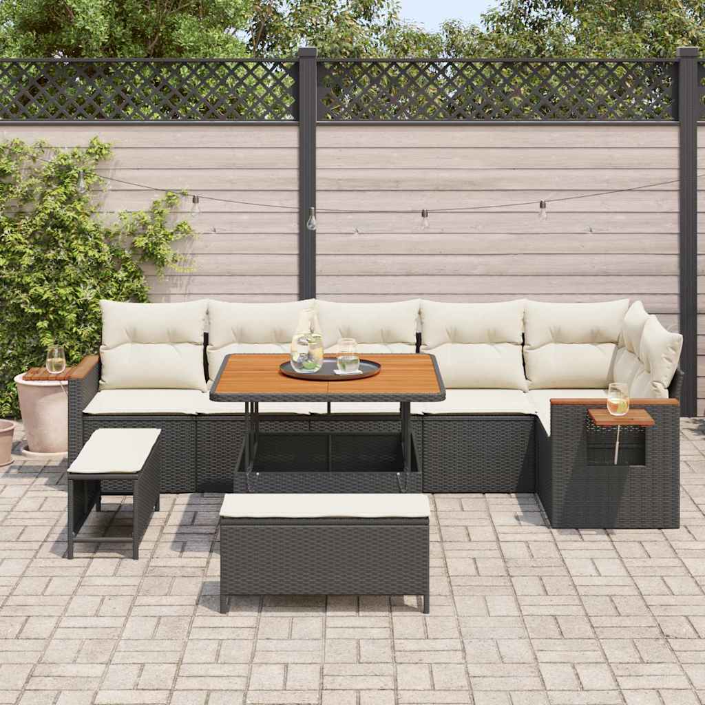 Gartensofa-set mit Kissen 11 pcs Schwarz und Creme Poly-Rattan