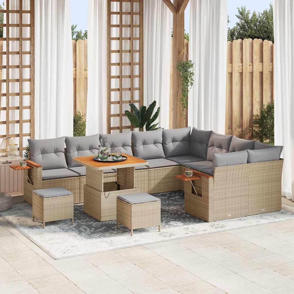 Gartensofa-set mit Kissen 13 pcs Beige und Hellgrau Poly-Rattan