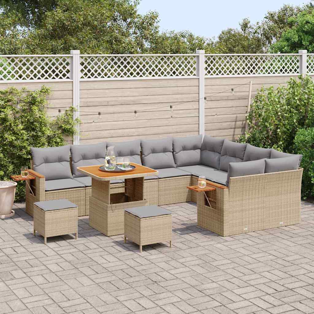 Gartensofa-set mit Kissen 13 pcs Beige und Hellgrau Poly-Rattan