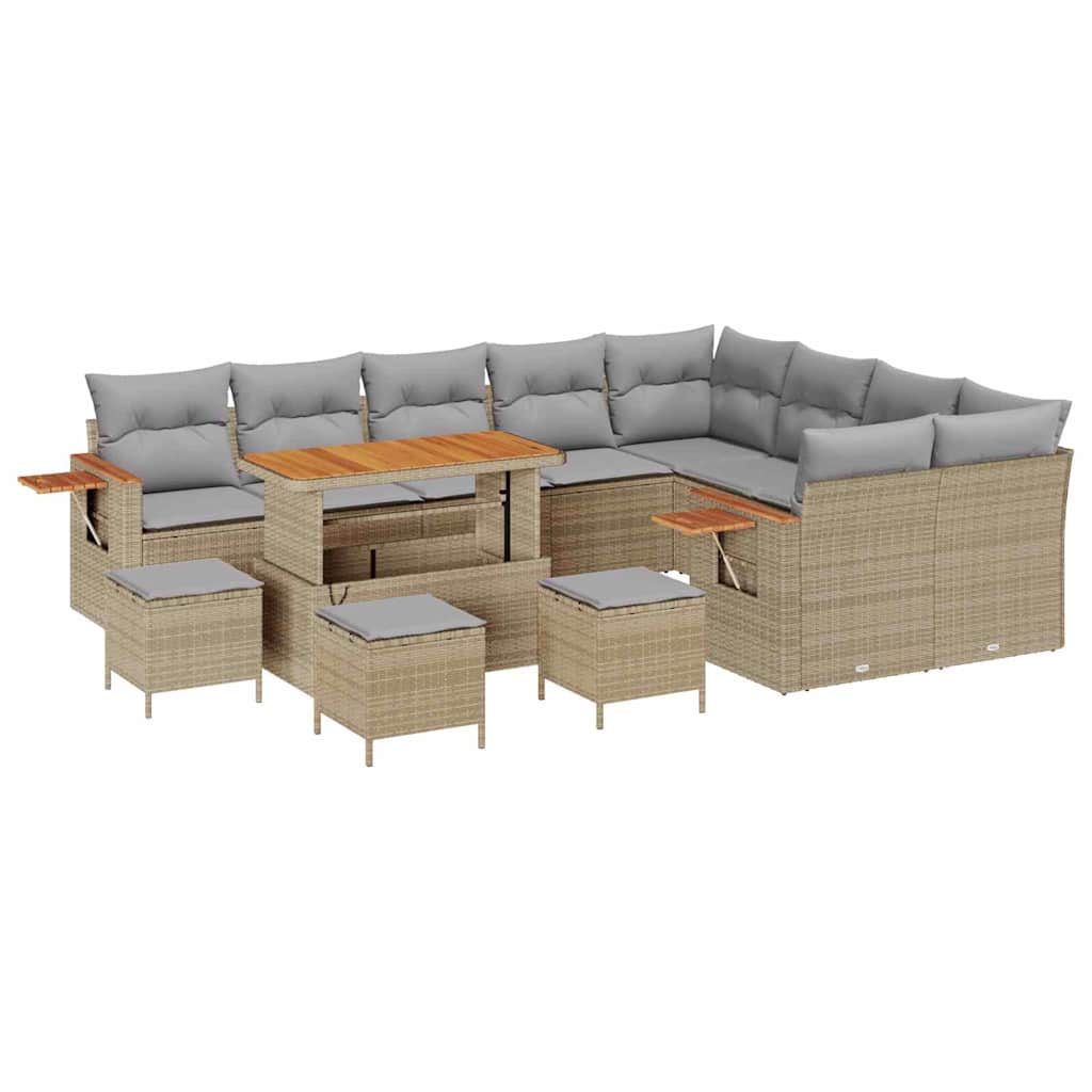 Gartensofa-set mit Kissen 14 pcs Beige und Hellgrau Poly-Rattan