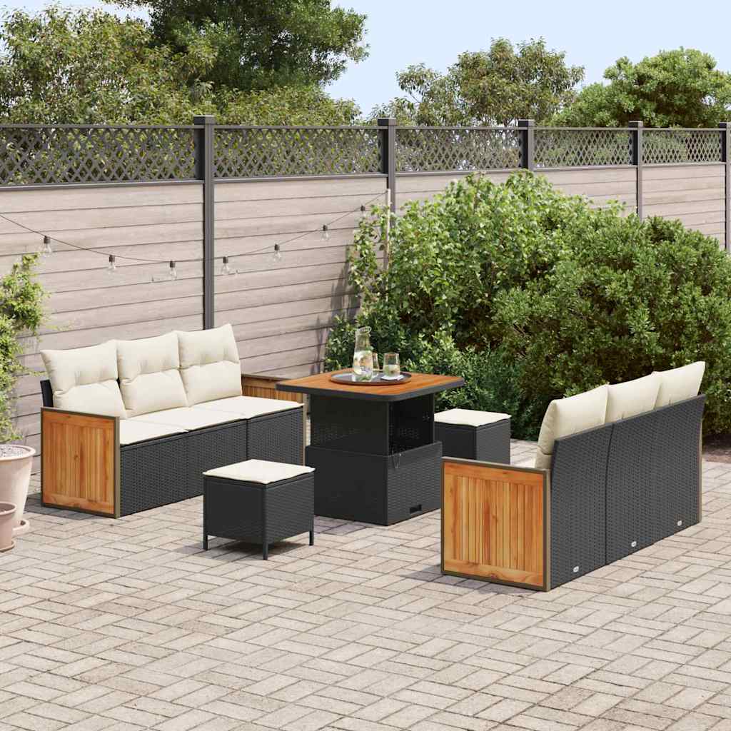Gartensofa-set mit Kissen 11 pcs Schwarz und Creme Poly-Rattan