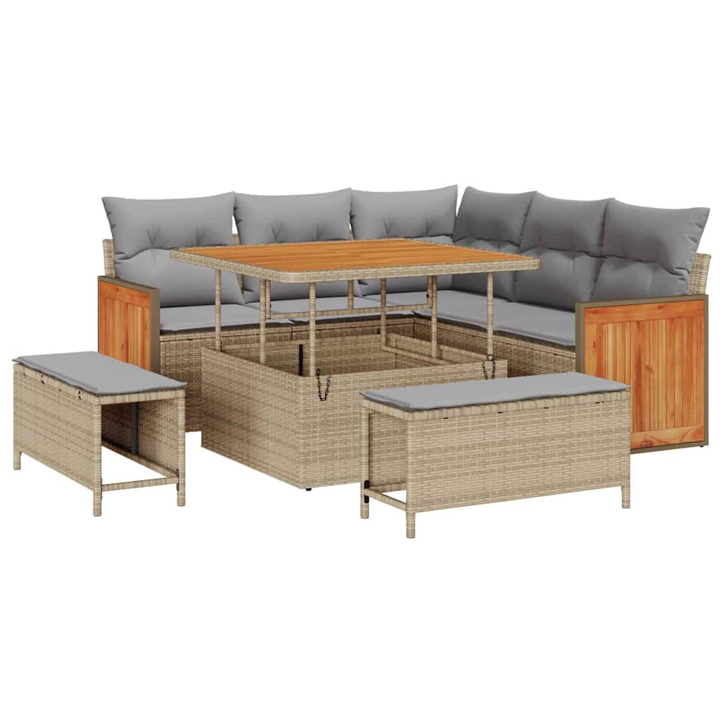 Gartensofa-set mit Kissen 9 pcs Beige und Hellgrau Poly-Rattan
