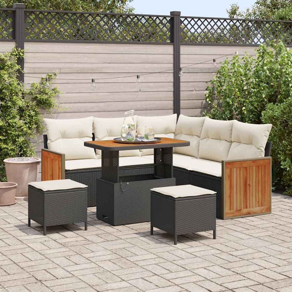 Gartensofa-set mit Kissen 9 pcs Schwarz und Creme Poly-Rattan
