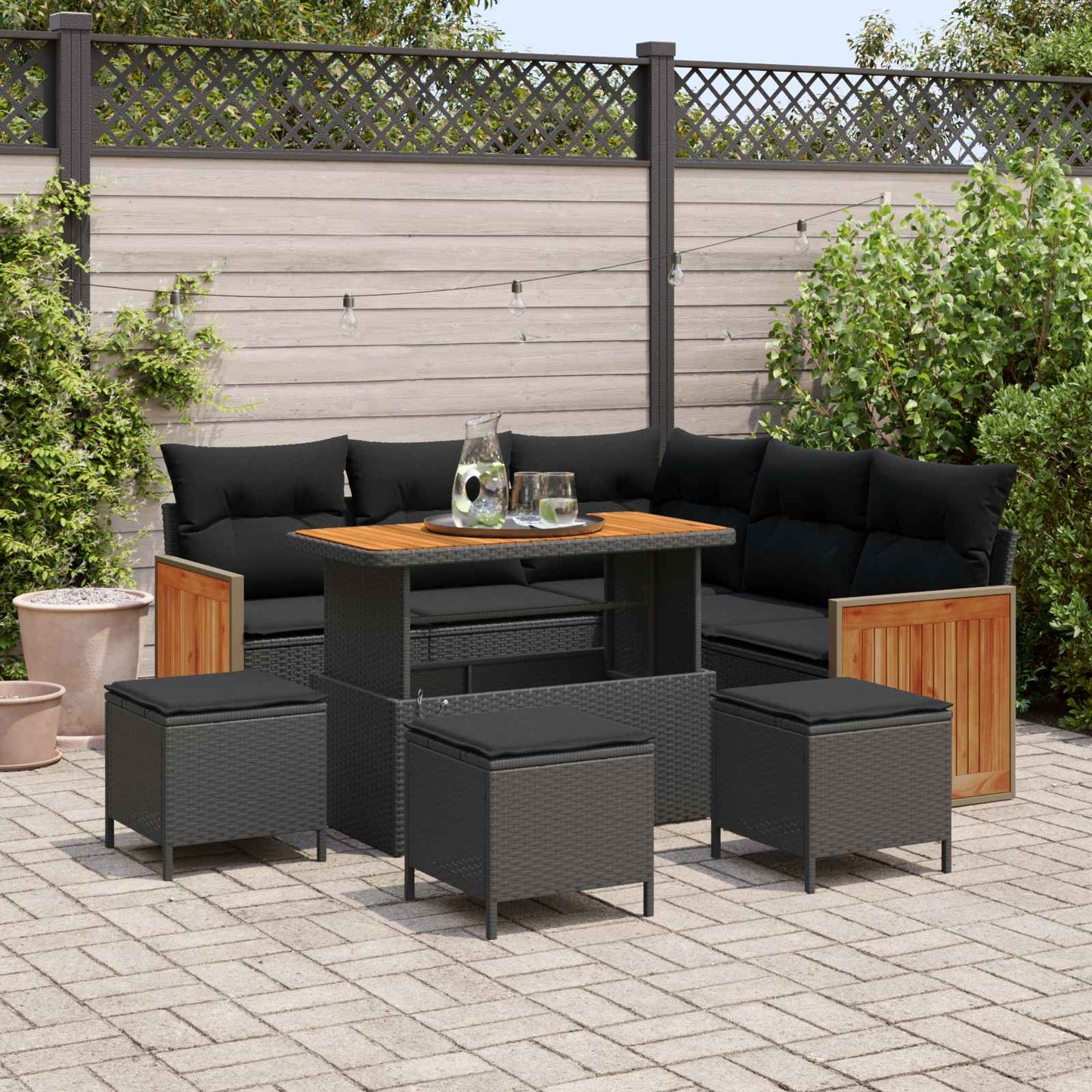Gartensofa-set mit Kissen 9 pcs Schwarz Poly-Rattan
