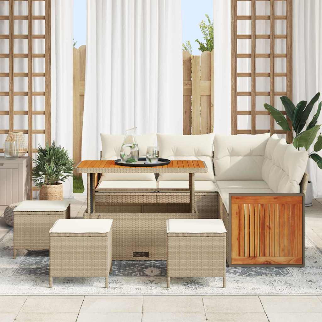 Gartensofa-set mit Kissen 9 pcs Beige und Creme Poly-Rattan