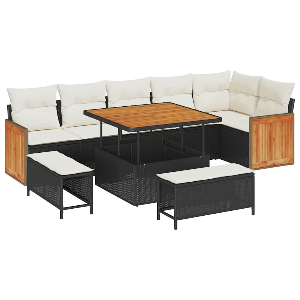 Gartensofa-set mit Kissen 11 pcs Schwarz und Creme Poly-Rattan