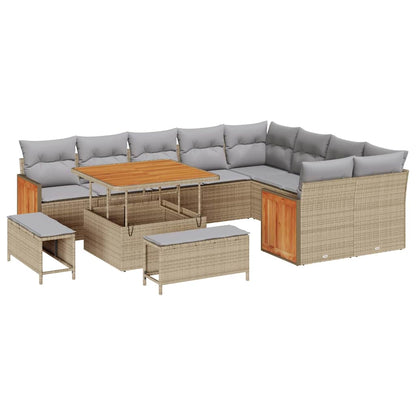 Gartensofa-set mit Kissen 13 pcs Beige und Hellgrau Poly-Rattan
