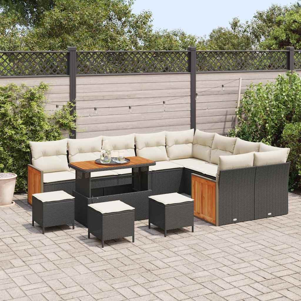 Gartensofa-set mit Kissen 14 pcs Schwarz und Creme Poly-Rattan