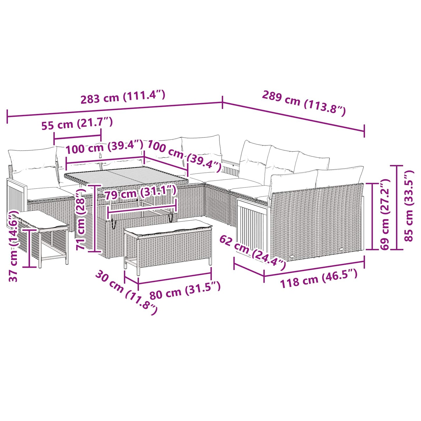 vidaXL Gartensofa-set mit Kissen 17 pcs Schwarz Poly-Rattan