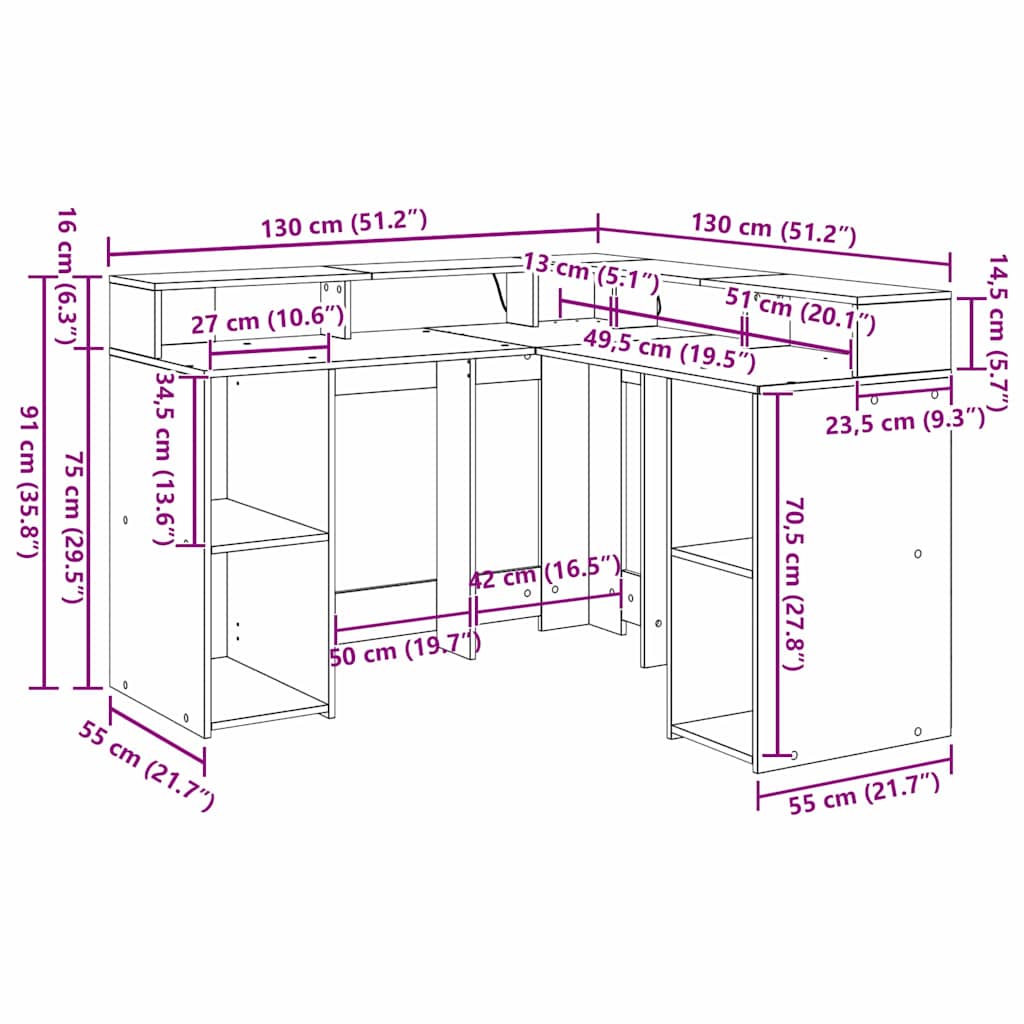 vidaXL Schreibtisch mit Regal Schwarz Eichen-Optik 130 x 130 x 91 cm