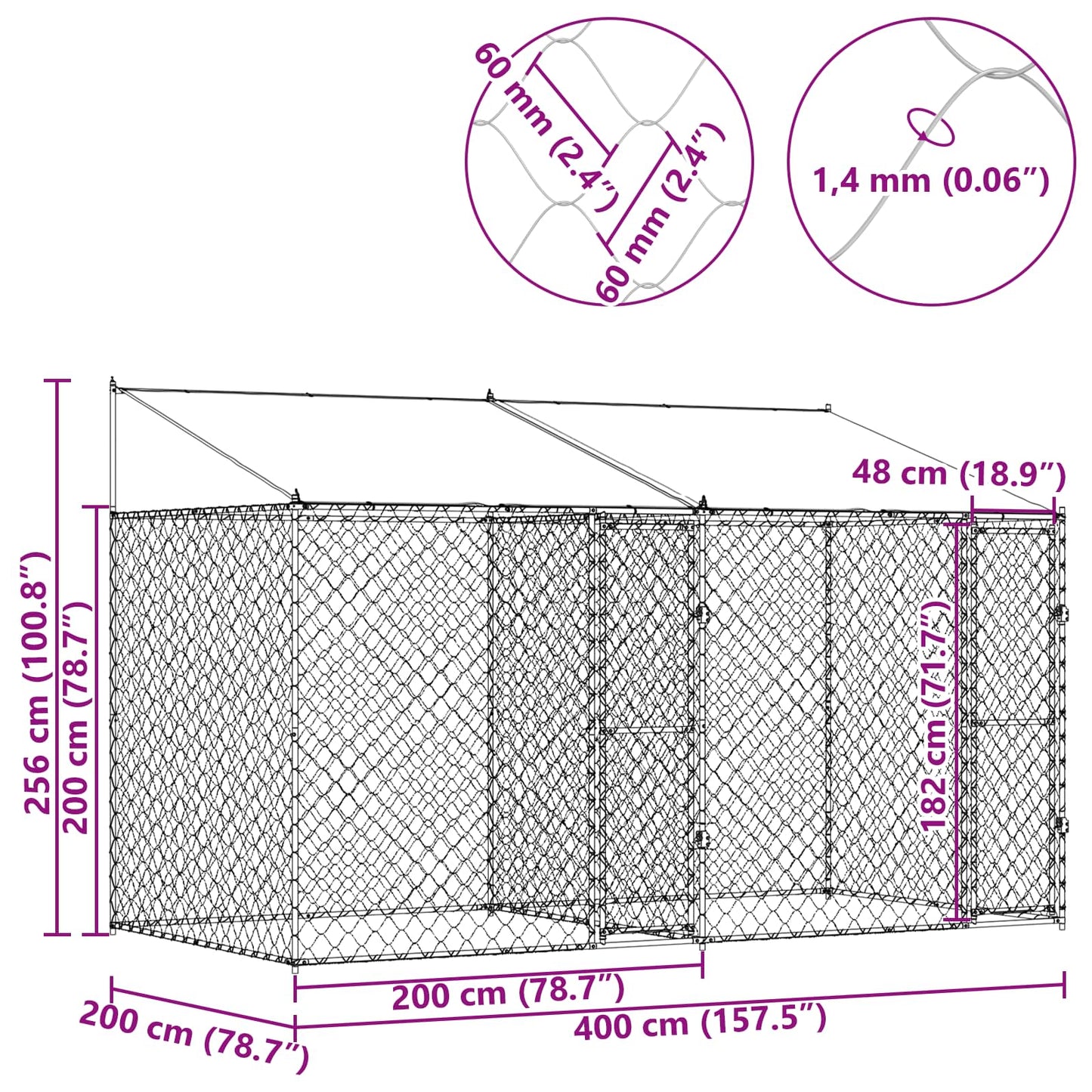 Hundekäfig mit Dach Silber 400 x 200 x 256 cm Stahl und PE