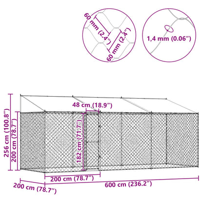 Hundekäfig mit Dach Silber 600 x 200 x 256 cm Stahl und PE