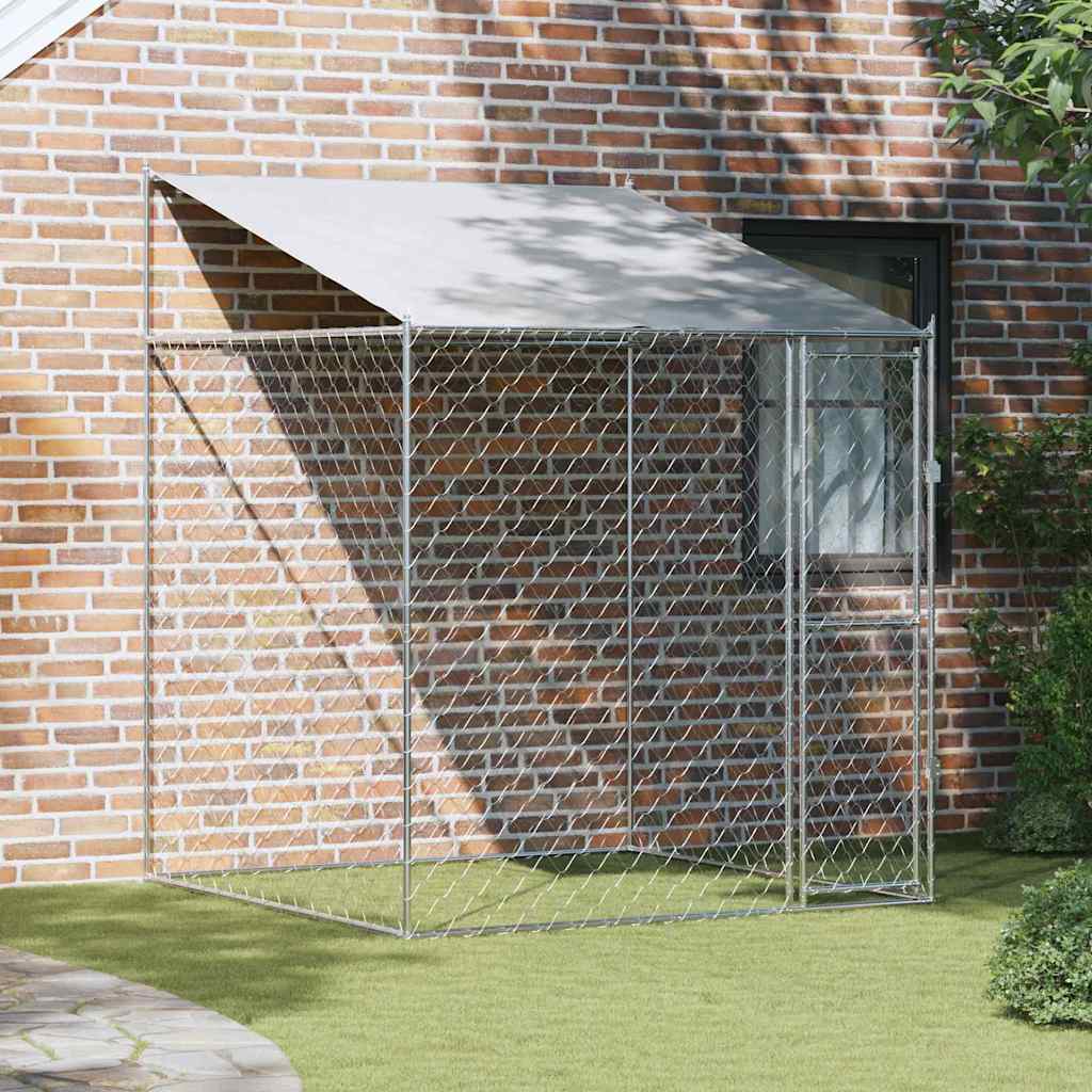 Hundekäfig mit Dach Silber 200 x 200 x 258 cm Stahl und PE