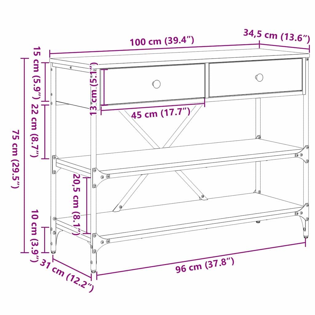vidaXL Konsolentisch mit Schubladen Braun 100 x 34,5 x 75 cm Holz