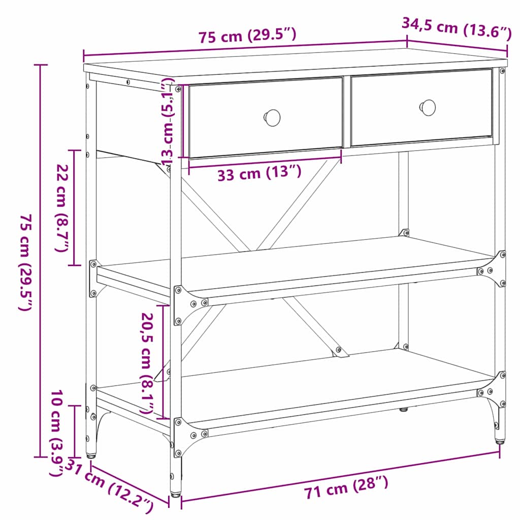 vidaXL Konsolentisch mit Schubladen Braun 100 x 34,5 x 75 cm Holz